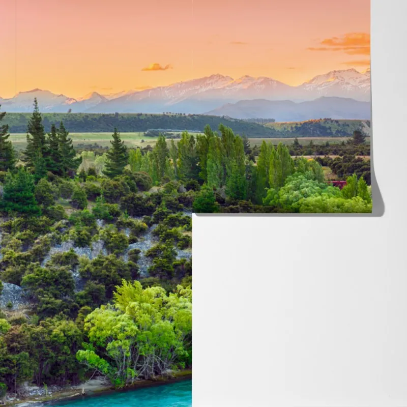 Fototapeta zachód słońca nad rzeką Clutha i Alpami Południowymi – Wallissimo® Fototapeta zachód słońca nad rzeką Clutha i Alpami Południowymi – Wallissimo®