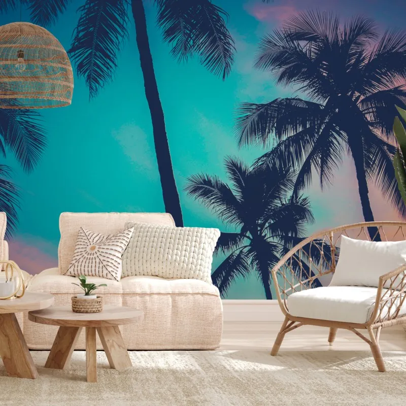 Fototapeta vintage palmy na Hawajach o zachodzie słońca