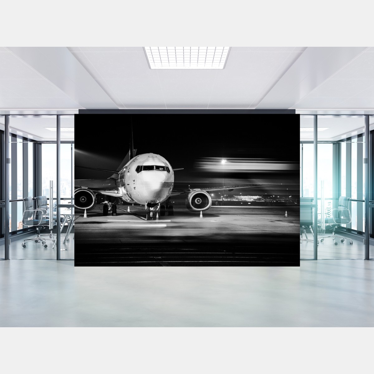 Wall mural monochrome jet on the tarmac at night