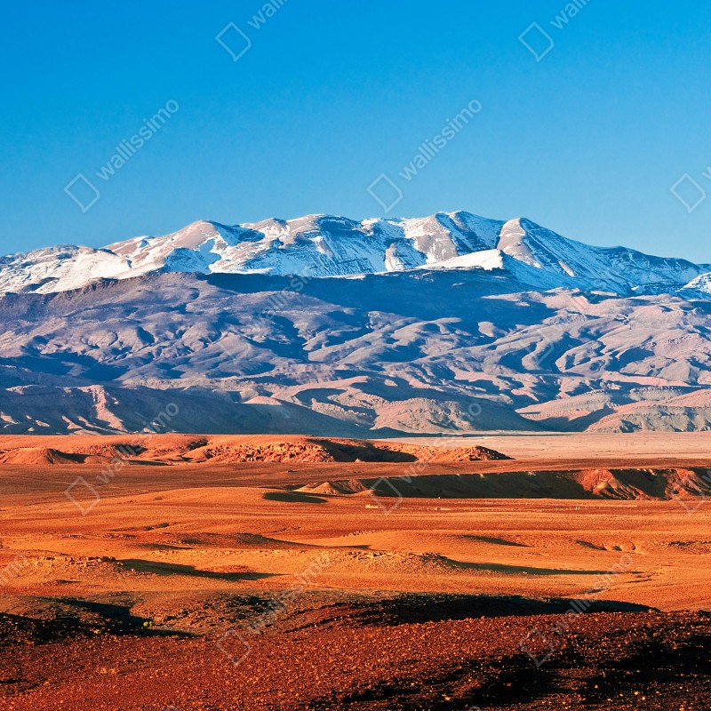 Fototapeta pustynia oświetlona słońcem z zaśnieżonymi górami – Wallissimo® Fototapeta pustynia oświetlona słońcem z zaśnieżonymi górami – Wallissimo®