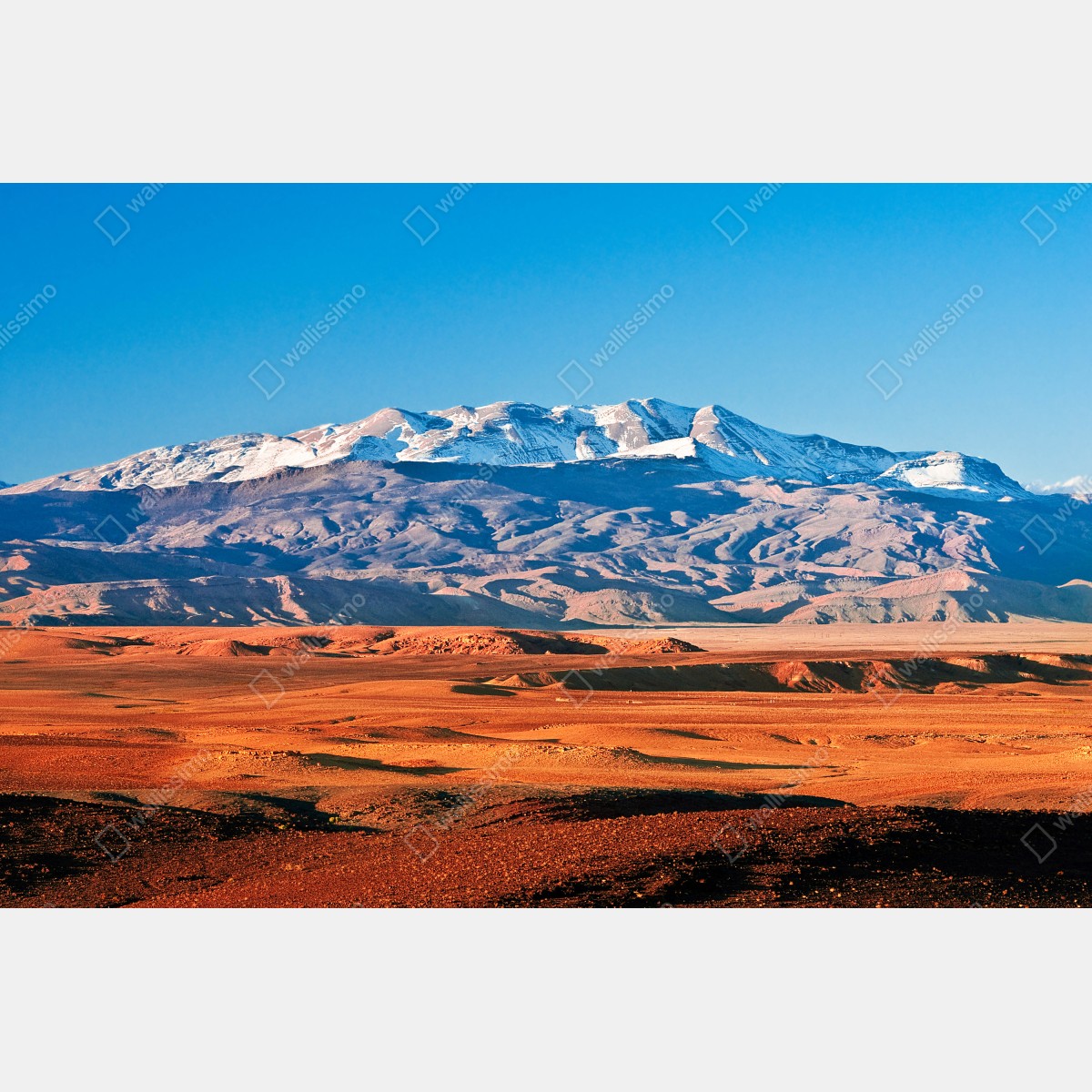 Fototapeta pustynia oświetlona słońcem z zaśnieżonymi górami – Wallissimo® Fototapeta pustynia oświetlona słońcem z zaśnieżonymi górami – Wallissimo®
