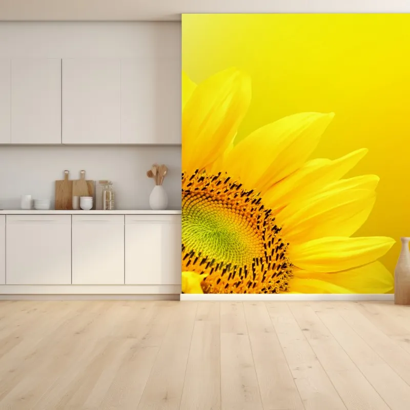 Fototapeta żywy słonecznik z bliska na żółtym tle