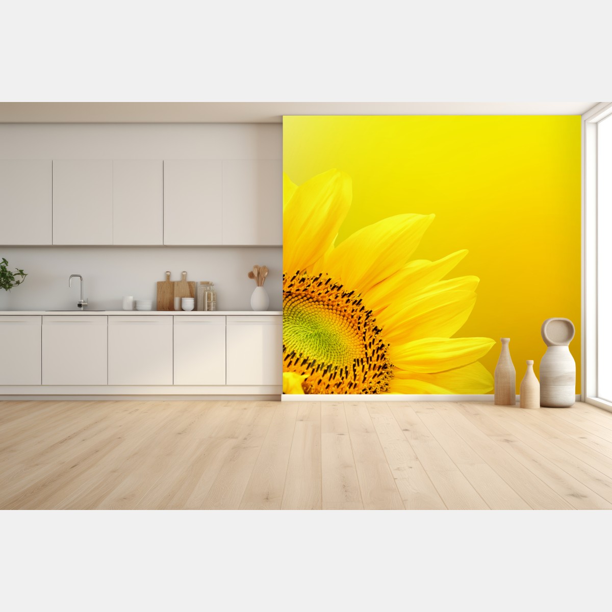 Wall mural vibrant sunflower close-up on yellow background