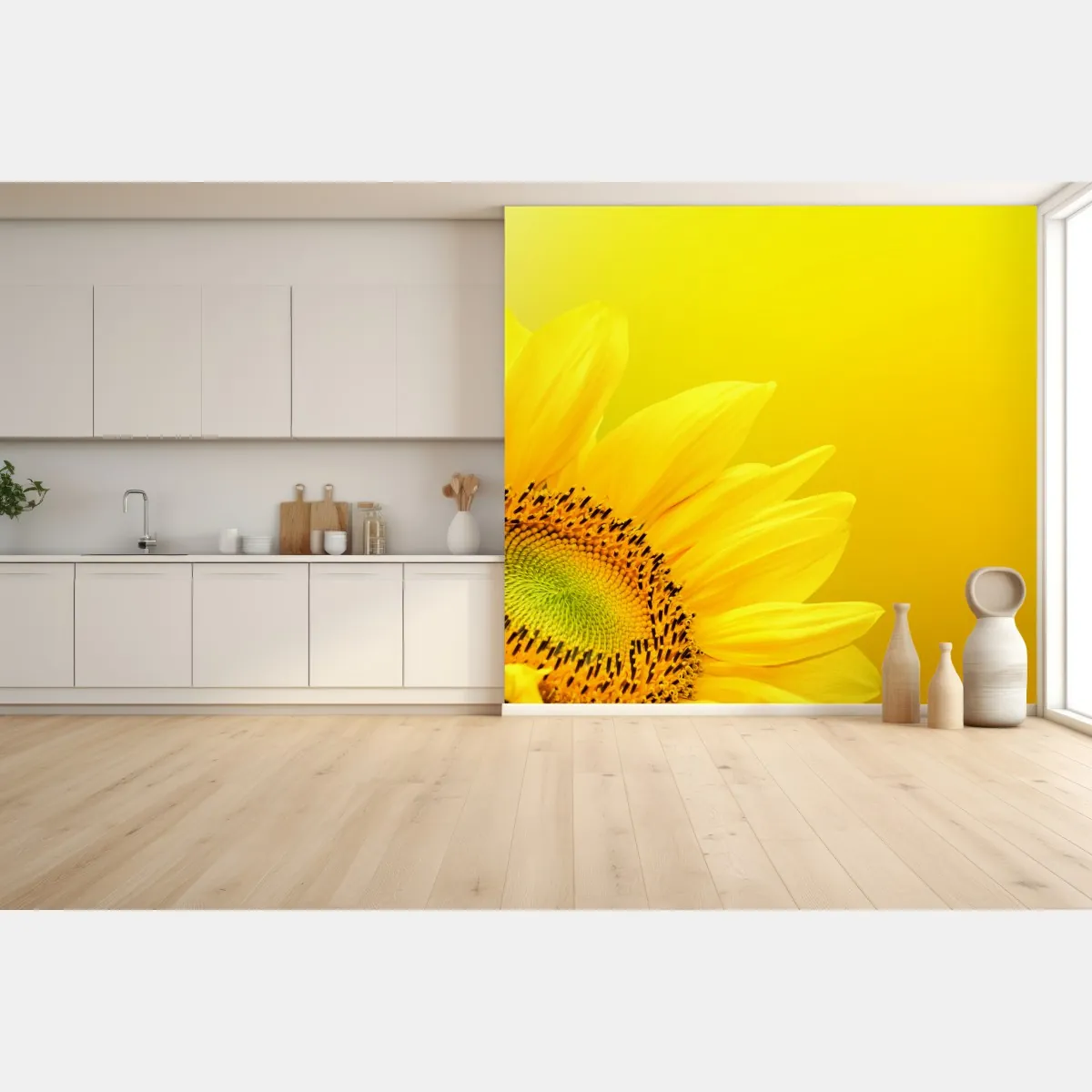 Fototapeta żywy słonecznik z bliska na żółtym tle – Wallissimo® Fototapeta żywy słonecznik z bliska na żółtym tle – Wallissimo®