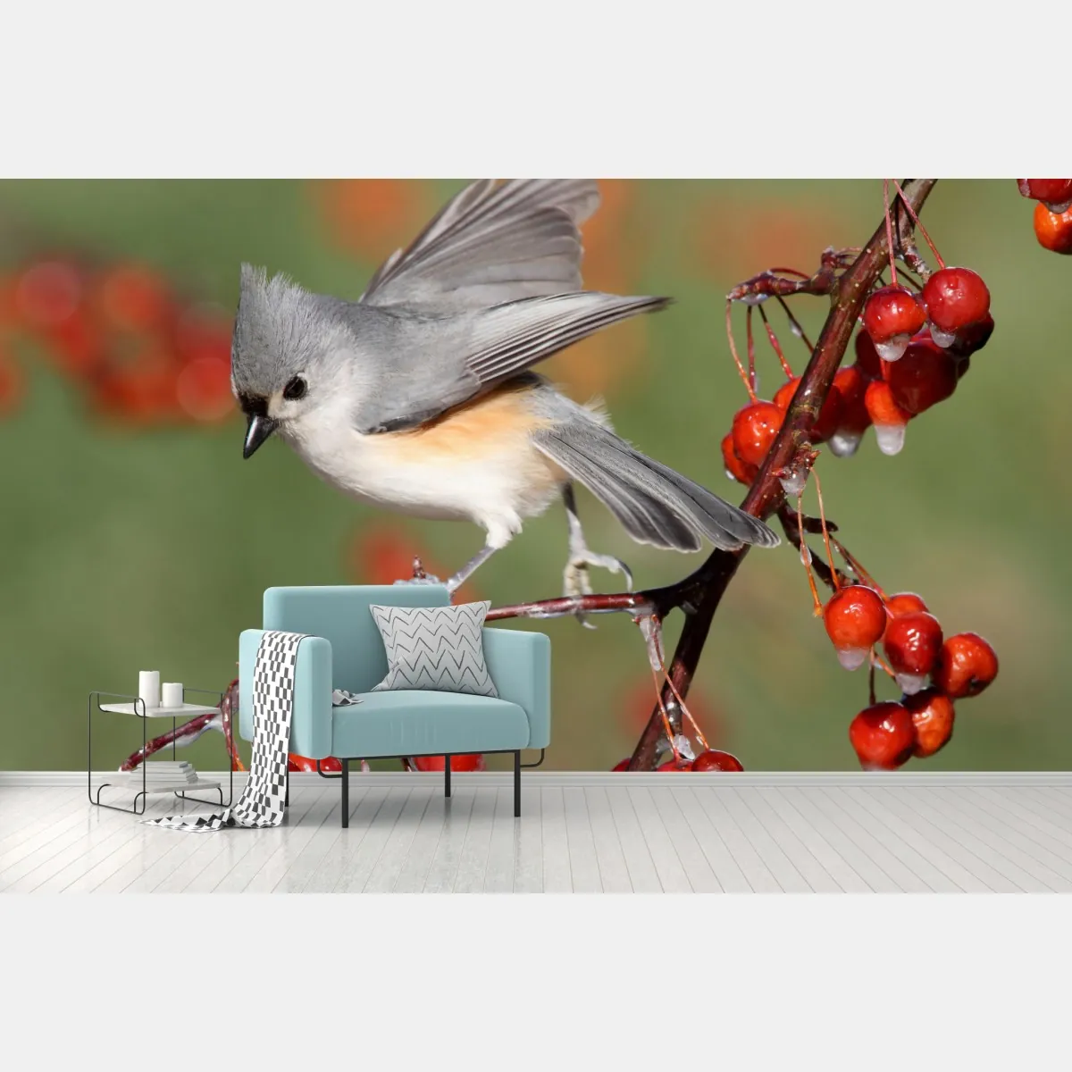 Fototapeta szary ptak na czerwonych jagodach – Wallissimo® Fototapeta szary ptak na czerwonych jagodach – Wallissimo®