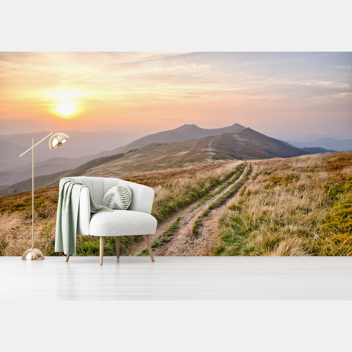 Wall mural golden mountain trail at sunset