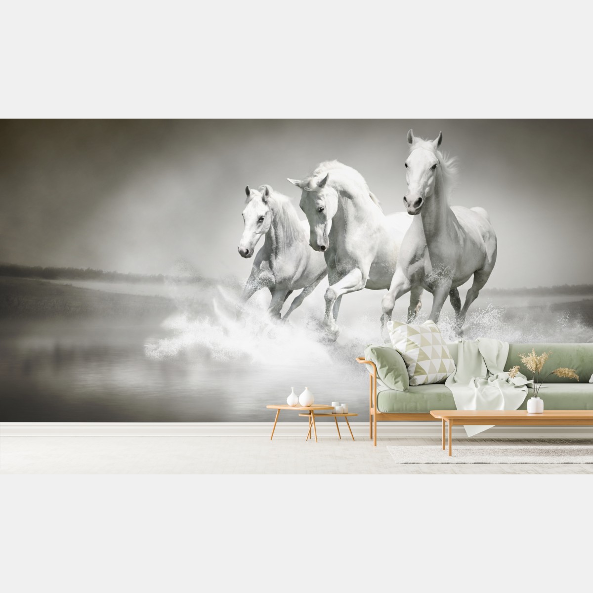 Wall mural three white horses running through water