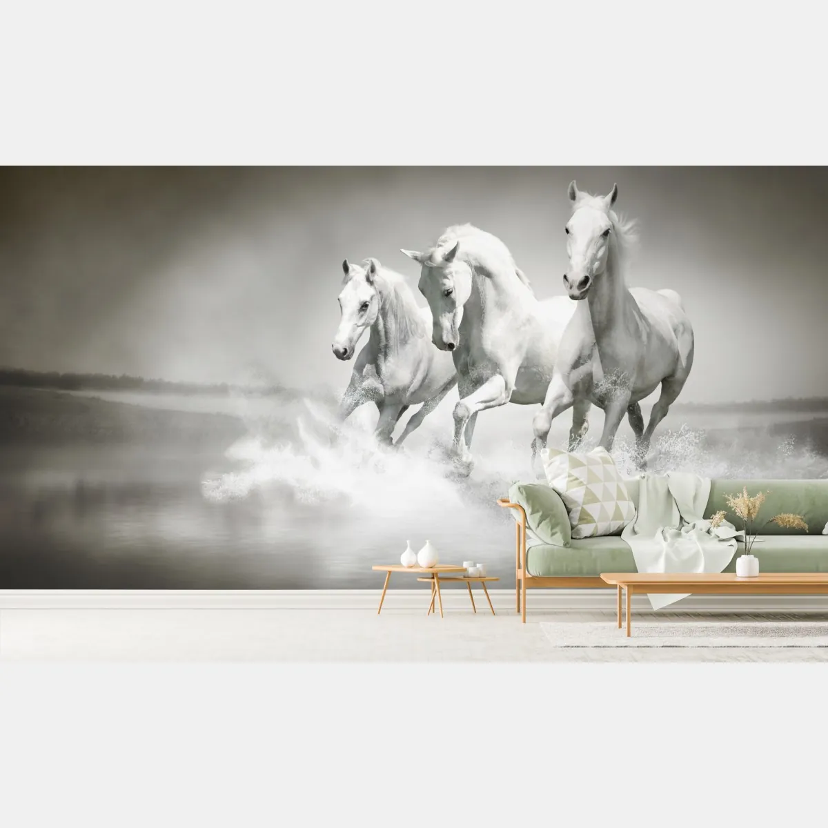 Fototapeta trzy białe konie galopujące przez wodę – Wallissimo® Fototapeta trzy białe konie galopujące przez wodę – Wallissimo®