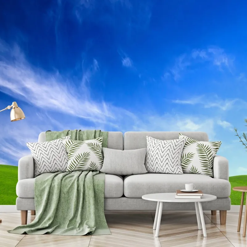 Fototapeta słoneczna zielona łąka pod niebieskim niebem