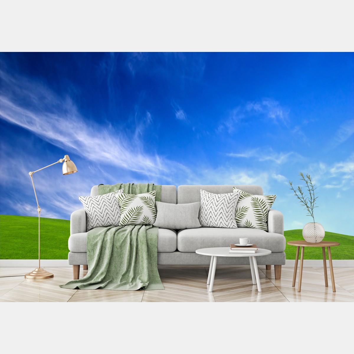 Wall mural sunlit green meadow under blue sky
