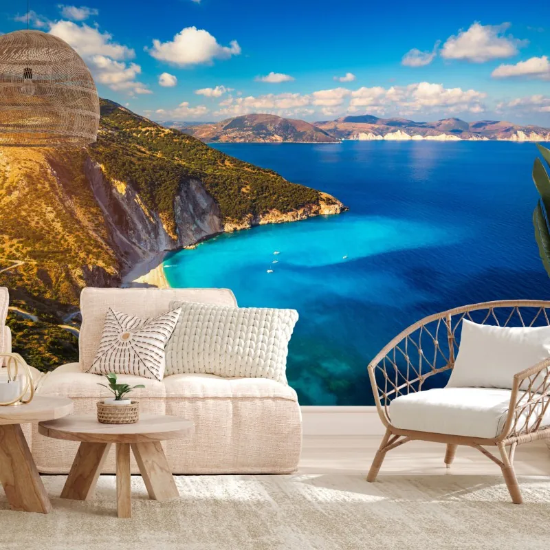 Fototapeta słoneczny widok na plażę Myrtos, Kefalonia – Wallissimo® Fototapeta słoneczny widok na plażę Myrtos, Kefalonia – Wallissimo®