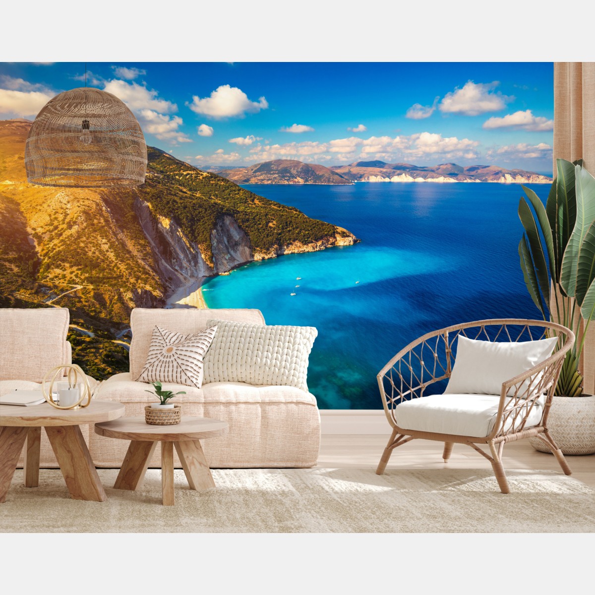 Wall mural sunlit Myrtos beach overlook, Kefalonia