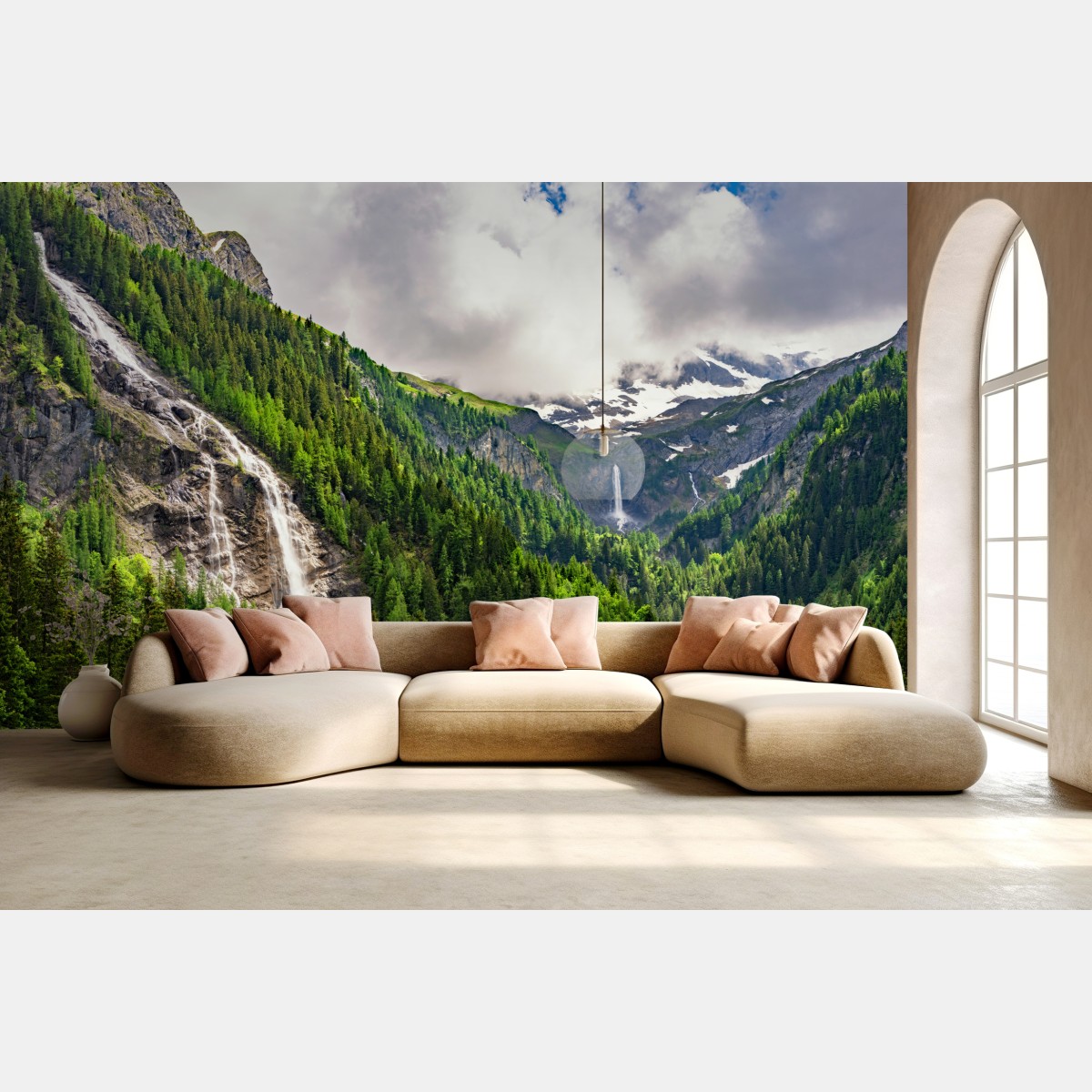 Wall mural misty alpine waterfalls over lush pine valley