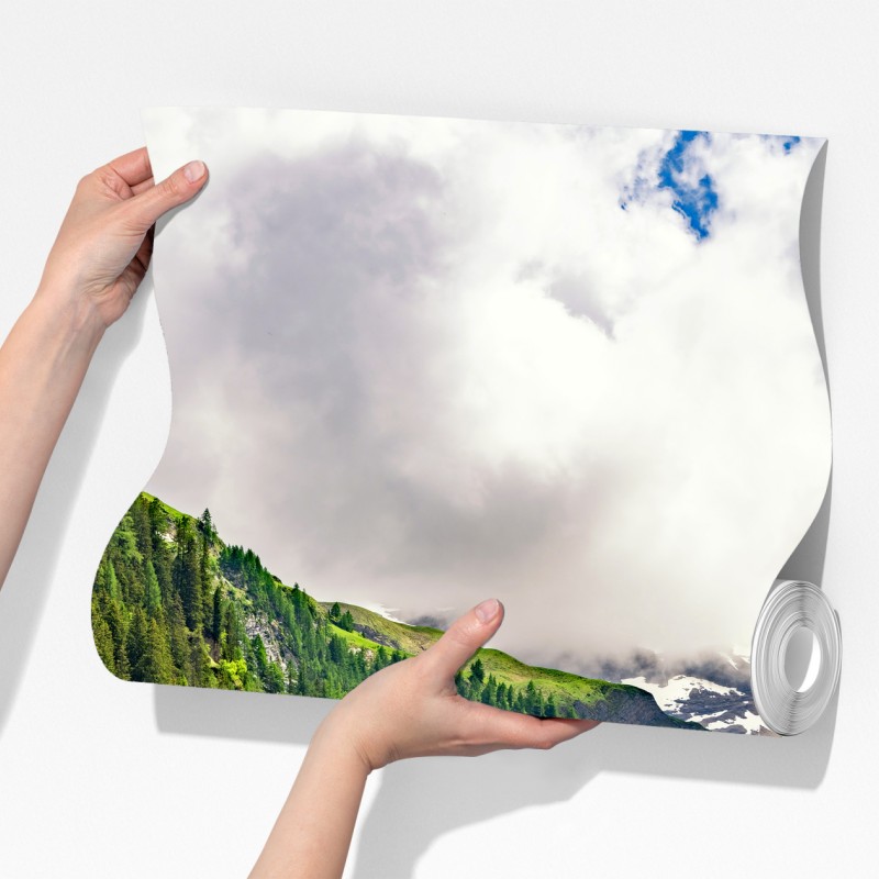 Fototapeta mglisty alpejski wodospad nad zieloną doliną – Wallissimo® Fototapeta mglisty alpejski wodospad nad zieloną doliną – Wallissimo®