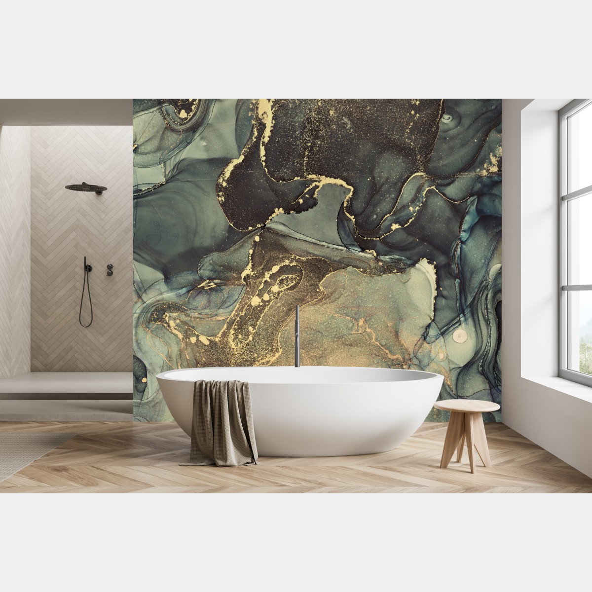 Wall mural turquoise and gold fluid abstract art