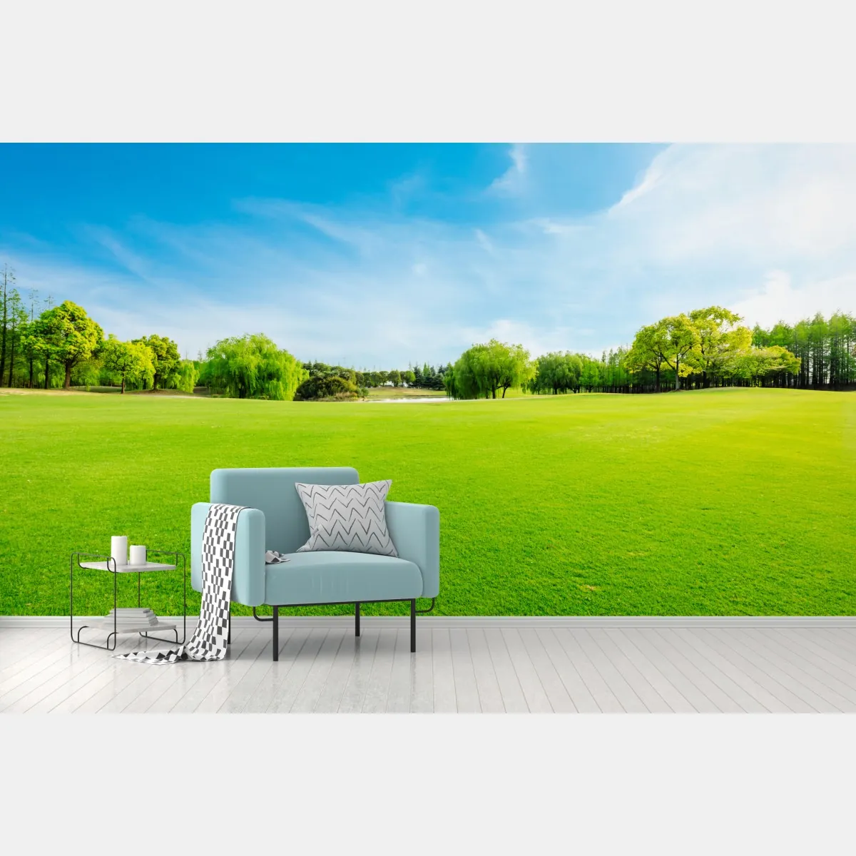 Fototapeta spokojna zielona łąka pod błękitnym niebem – Wallissimo® Fototapeta spokojna zielona łąka pod błękitnym niebem – Wallissimo®
