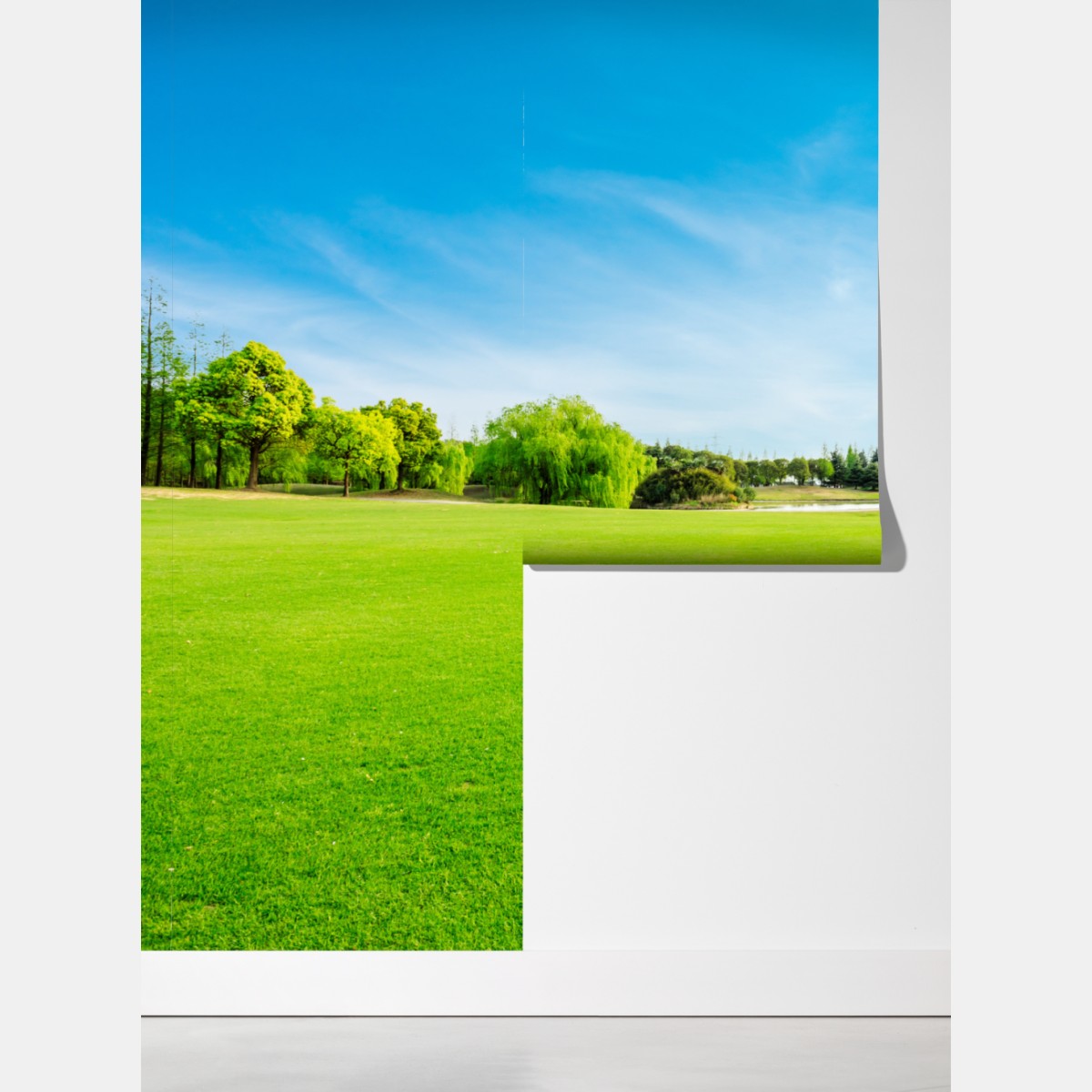 Fototapeta spokojna zielona łąka pod błękitnym niebem – Wallissimo® Fototapeta spokojna zielona łąka pod błękitnym niebem – Wallissimo®