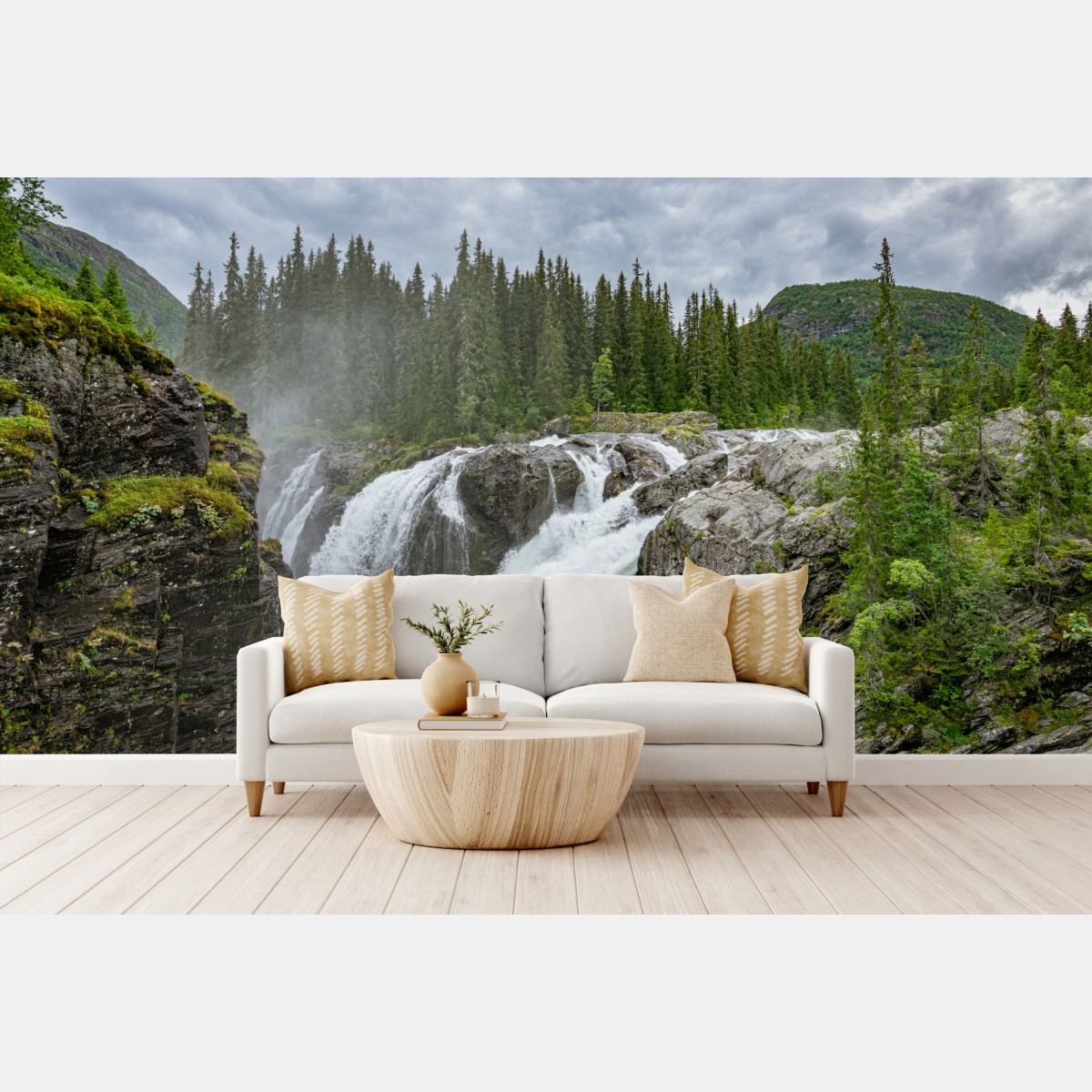 Wall mural misty waterfall in a lush pine forest