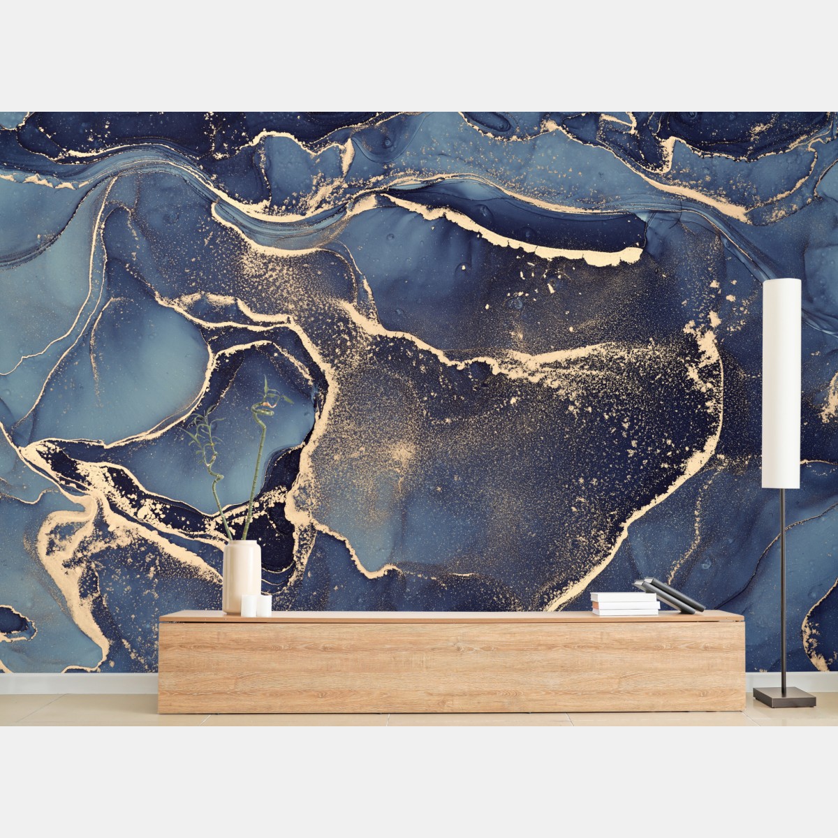 Wall mural dreamy navy and gold fluid art
