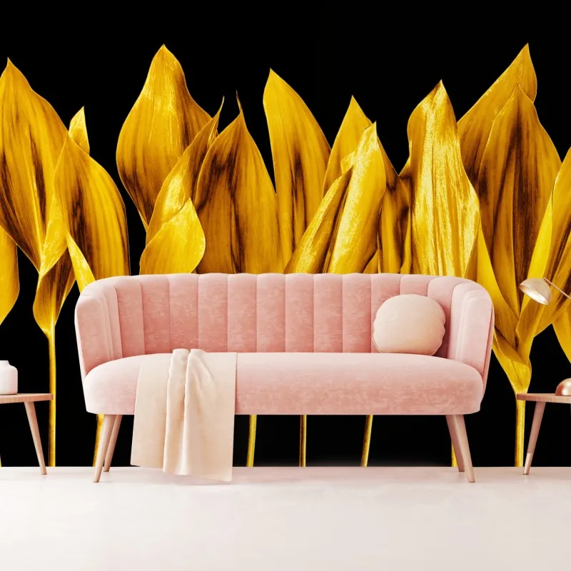 Fototapeta złote liście na czarnym tle