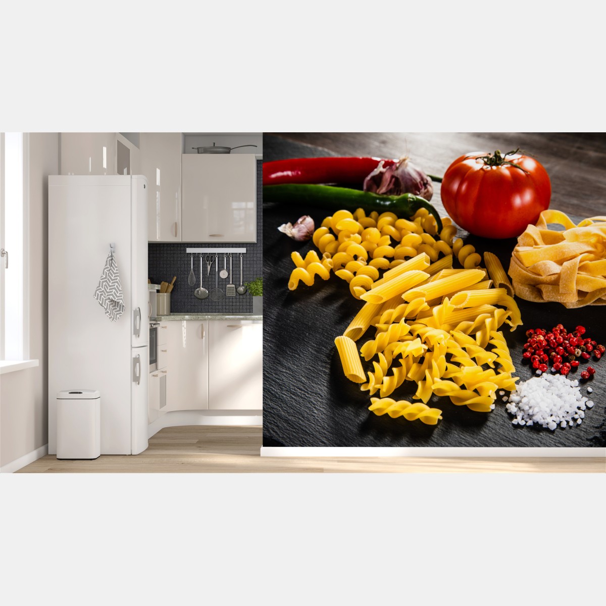Wall mural assorted dry pasta and fresh ingredients
