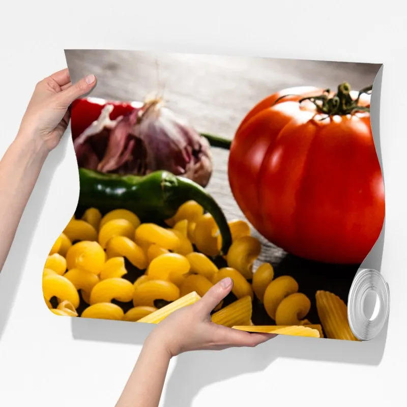 Fototapeta zbiór suchych makaronów i świeże składniki – Wallissimo® Fototapeta zbiór suchych makaronów i świeże składniki – Wallissimo®