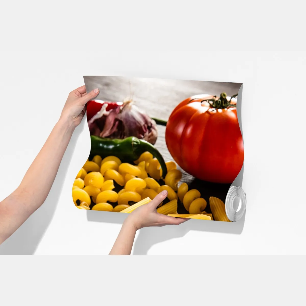 Fototapeta zbiór suchych makaronów i świeże składniki – Wallissimo® Fototapeta zbiór suchych makaronów i świeże składniki – Wallissimo®