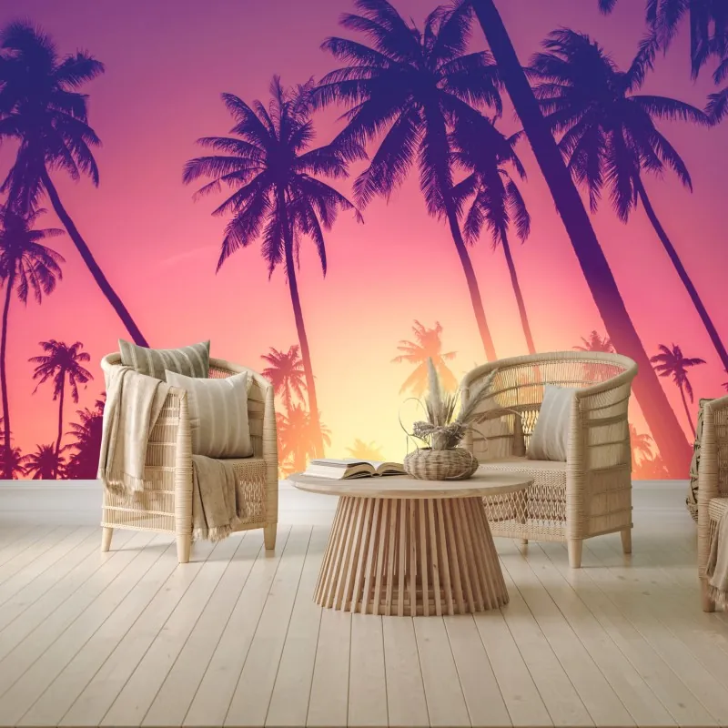 Fototapeta tropikalny zachód słońca z palmami