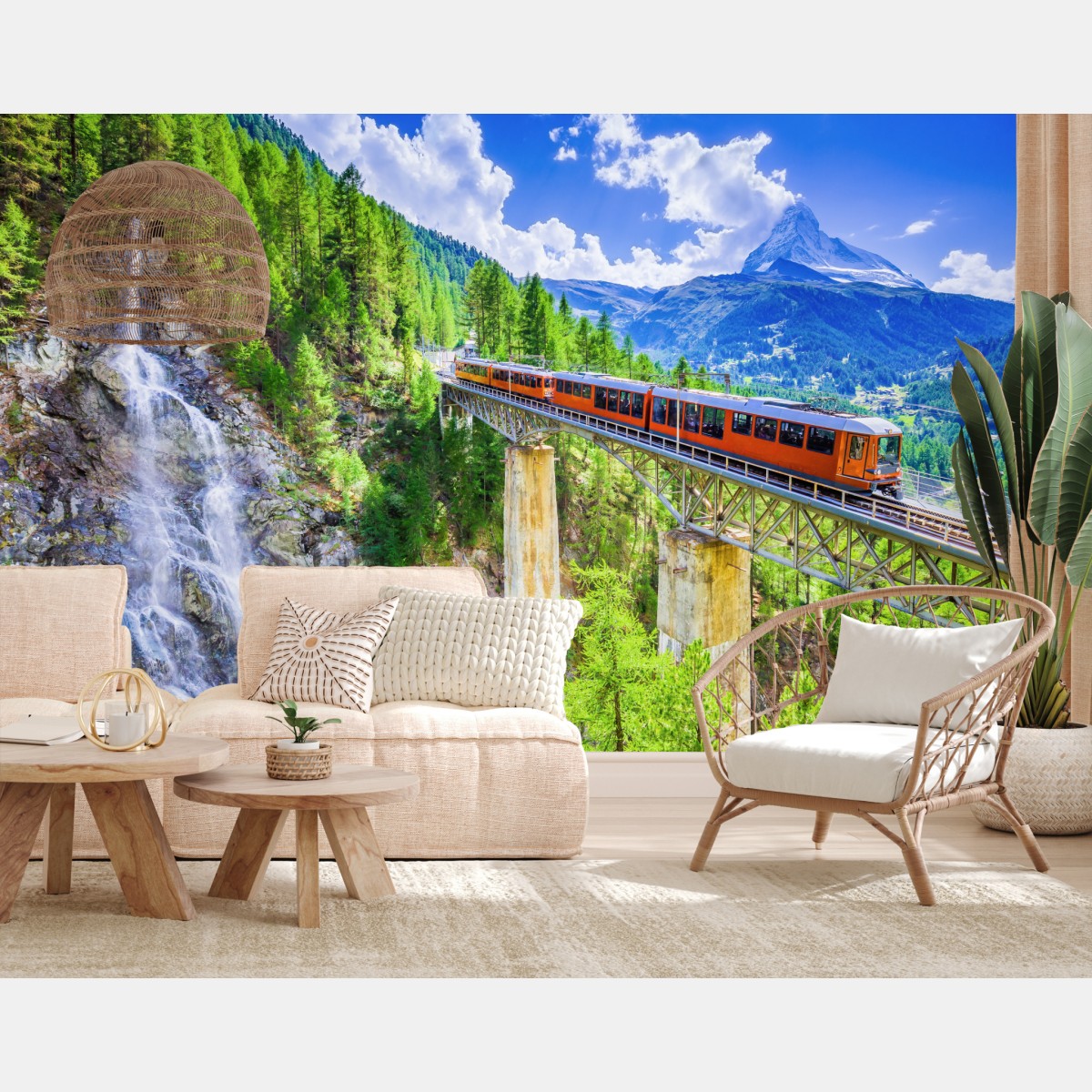 Wall mural Gornergrat train on alpine bridge with Matterhorn