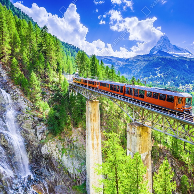 Fototapeta pociąg Gornergrat na alpejskim moście z Matterhornem – Wallissimo® Fototapeta pociąg Gornergrat na alpejskim moście z Matterhornem – Wallissimo®