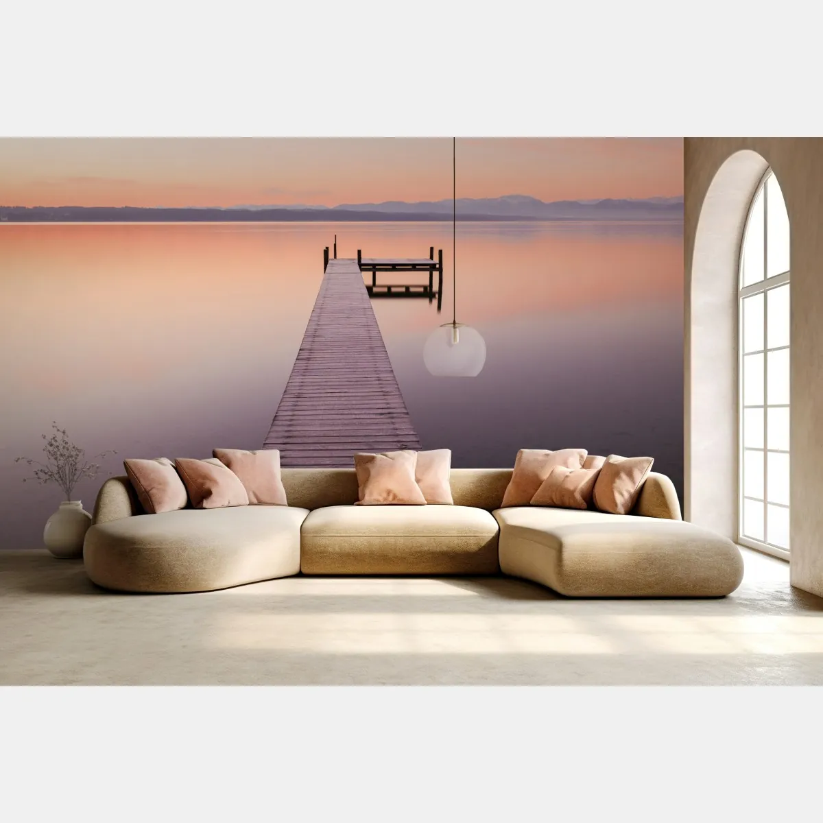 Fototapeta spokojne molo o wschodzie nad pastelowym jeziorem – Wallissimo® Fototapeta spokojne molo o wschodzie nad pastelowym jeziorem – Wallissimo®