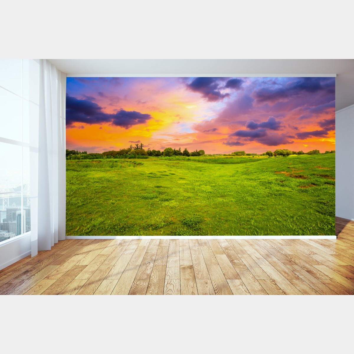 Wall mural sunset over green meadow