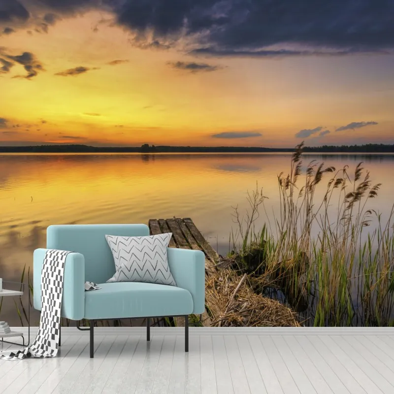 Fototapeta złoty zachód słońca nad jeziorem – Wallissimo® Fototapeta złoty zachód słońca nad jeziorem – Wallissimo®