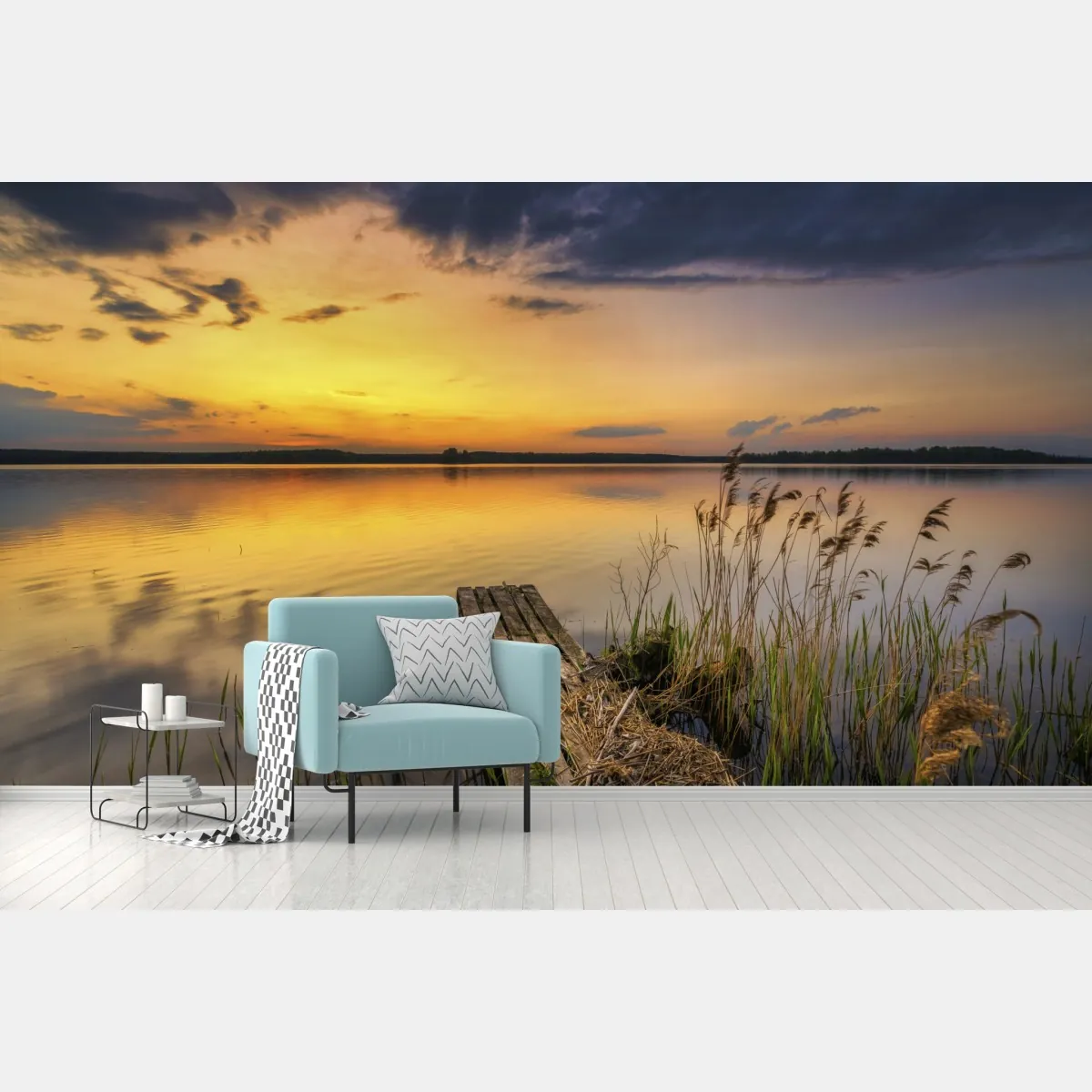 Fototapeta złoty zachód słońca nad jeziorem – Wallissimo® Fototapeta złoty zachód słońca nad jeziorem – Wallissimo®