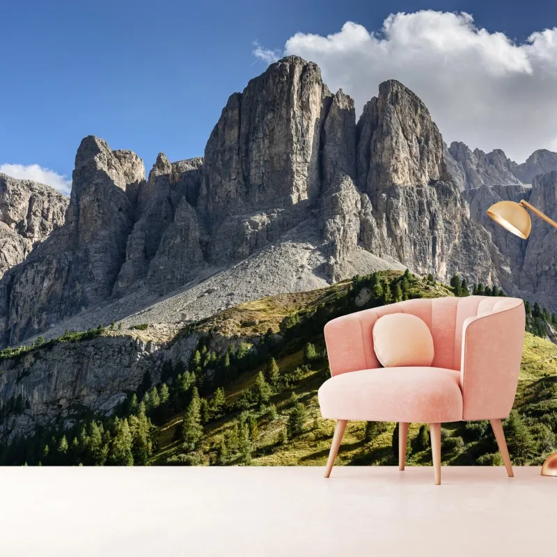 Fototapeta majestatyczne alpejskie szczyty nad zielonymi zboczami – Wallissimo® Fototapeta majestatyczne alpejskie szczyty nad zielonymi zboczami – Wallissimo®