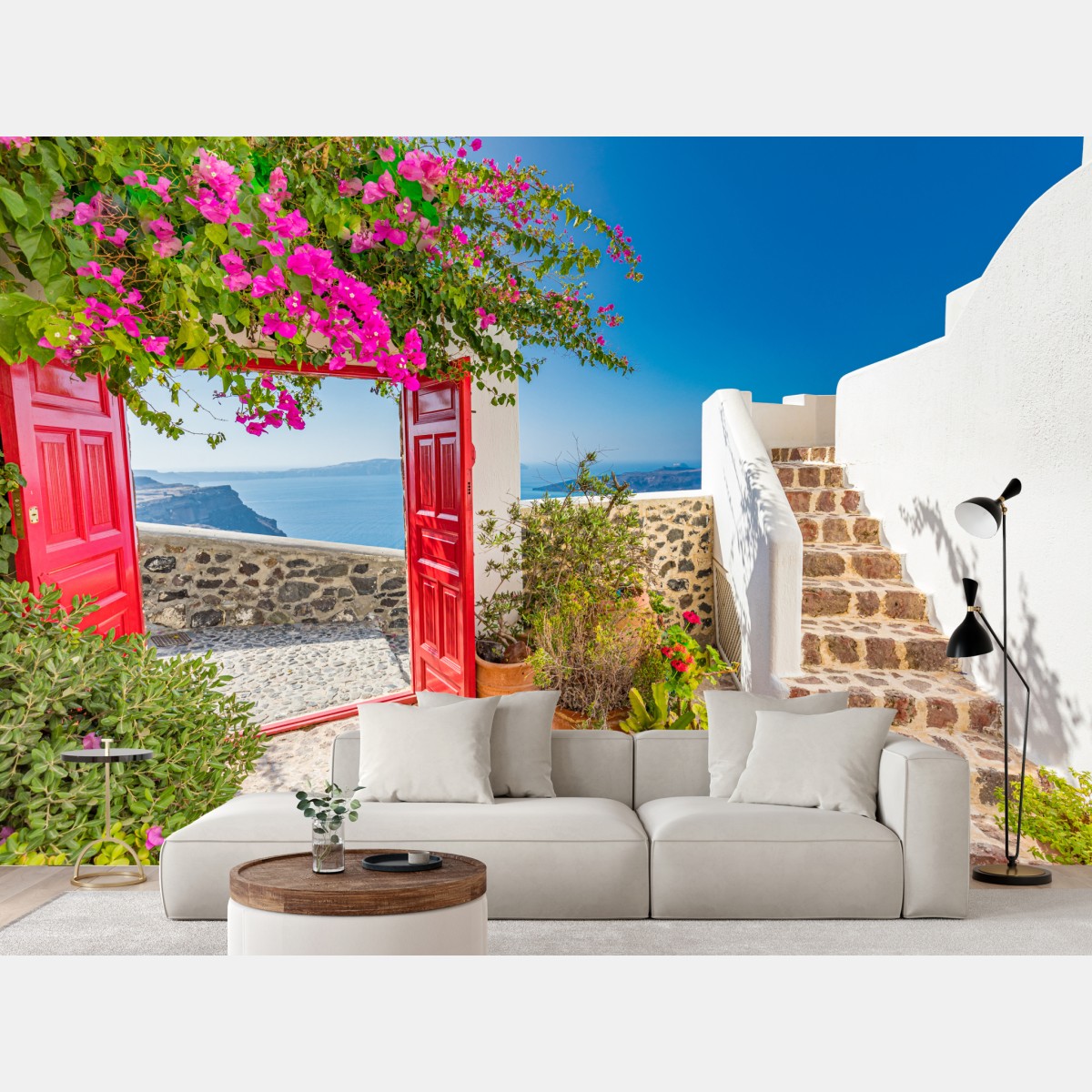 Wall mural sunlit mediterranean terrace with sea view