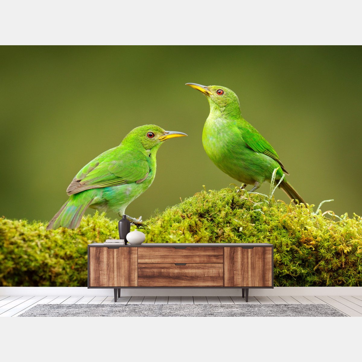 Wall mural vibrant green honeycreepers on moss