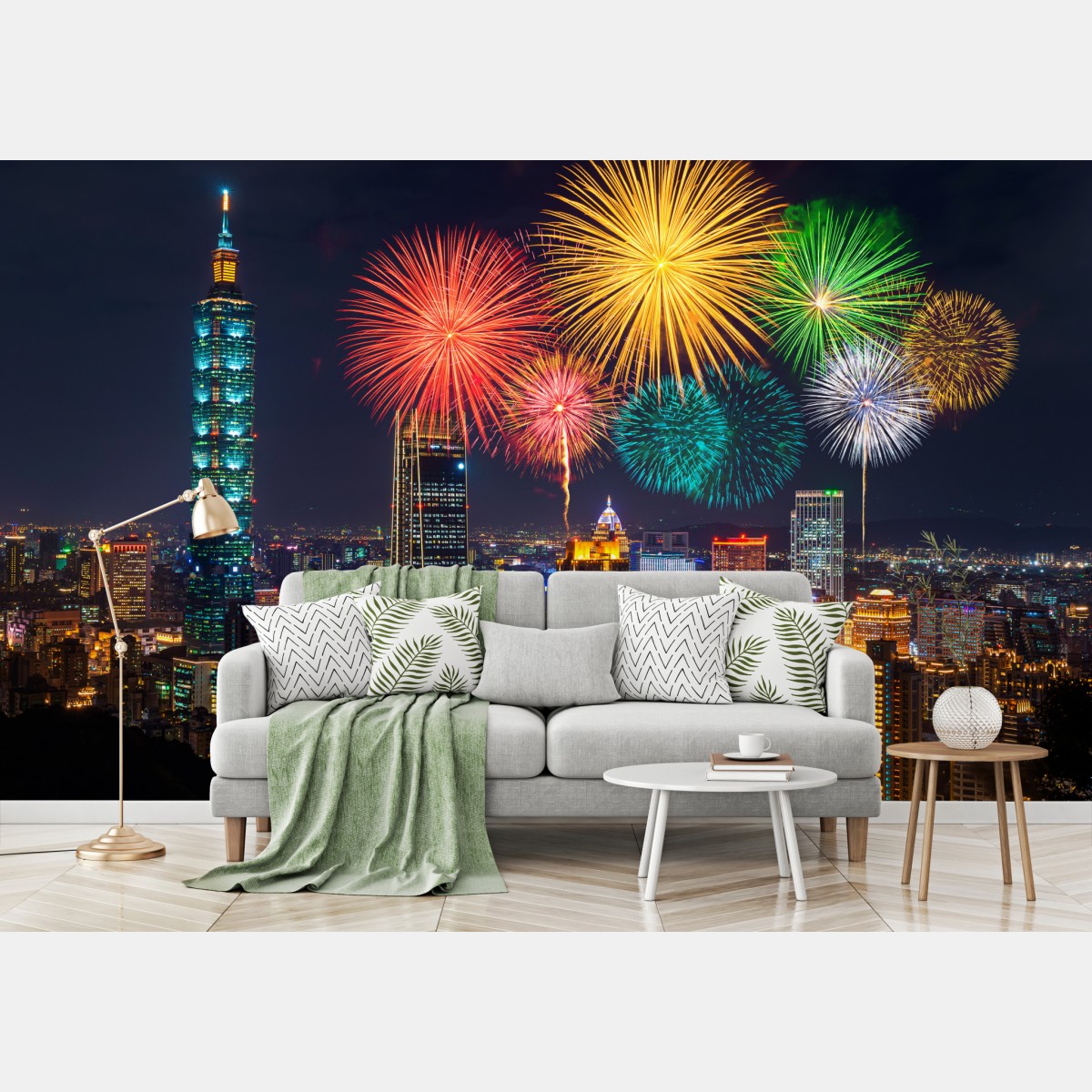 Wall mural Taipei fireworks skyline at night