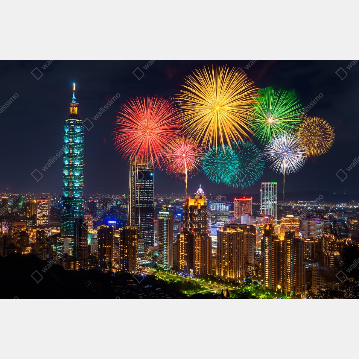 Fototapeta Tajpej fajerwerki nad panoramą miasta – Wallissimo® Fototapeta Tajpej fajerwerki nad panoramą miasta – Wallissimo®