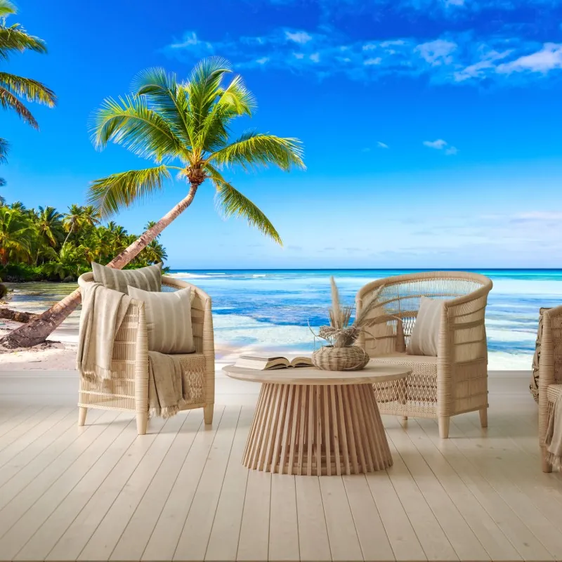 Fototapeta tropikalna plaża z palmą – Wallissimo® Fototapeta tropikalna plaża z palmą – Wallissimo®