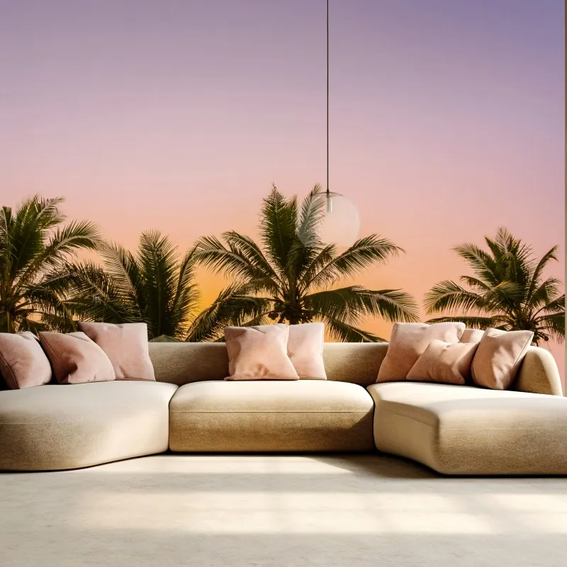 Fototapeta tropikalny zachód słońca z palmami na plaży – Wallissimo® Fototapeta tropikalny zachód słońca z palmami na plaży – Wallissimo®