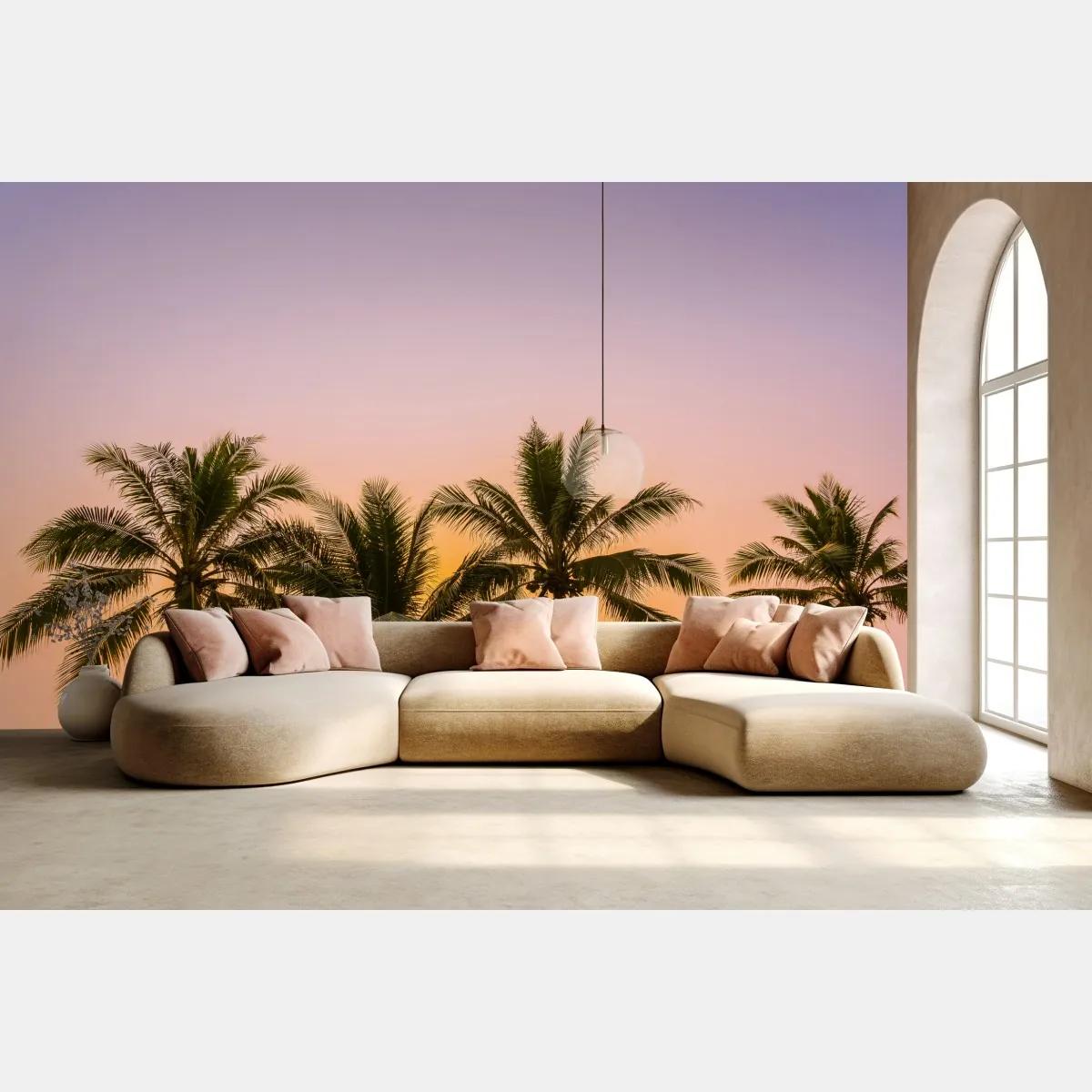Fototapeta tropikalny zachód słońca z palmami na plaży – Wallissimo® Fototapeta tropikalny zachód słońca z palmami na plaży – Wallissimo®