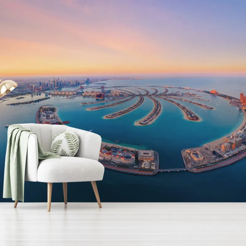 Fototapeta zachód słońca nad Palm Jumeirah widok z lotu ptaka – Wallissimo® Fototapeta zachód słońca nad Palm Jumeirah widok z lotu ptaka – Wallissimo®