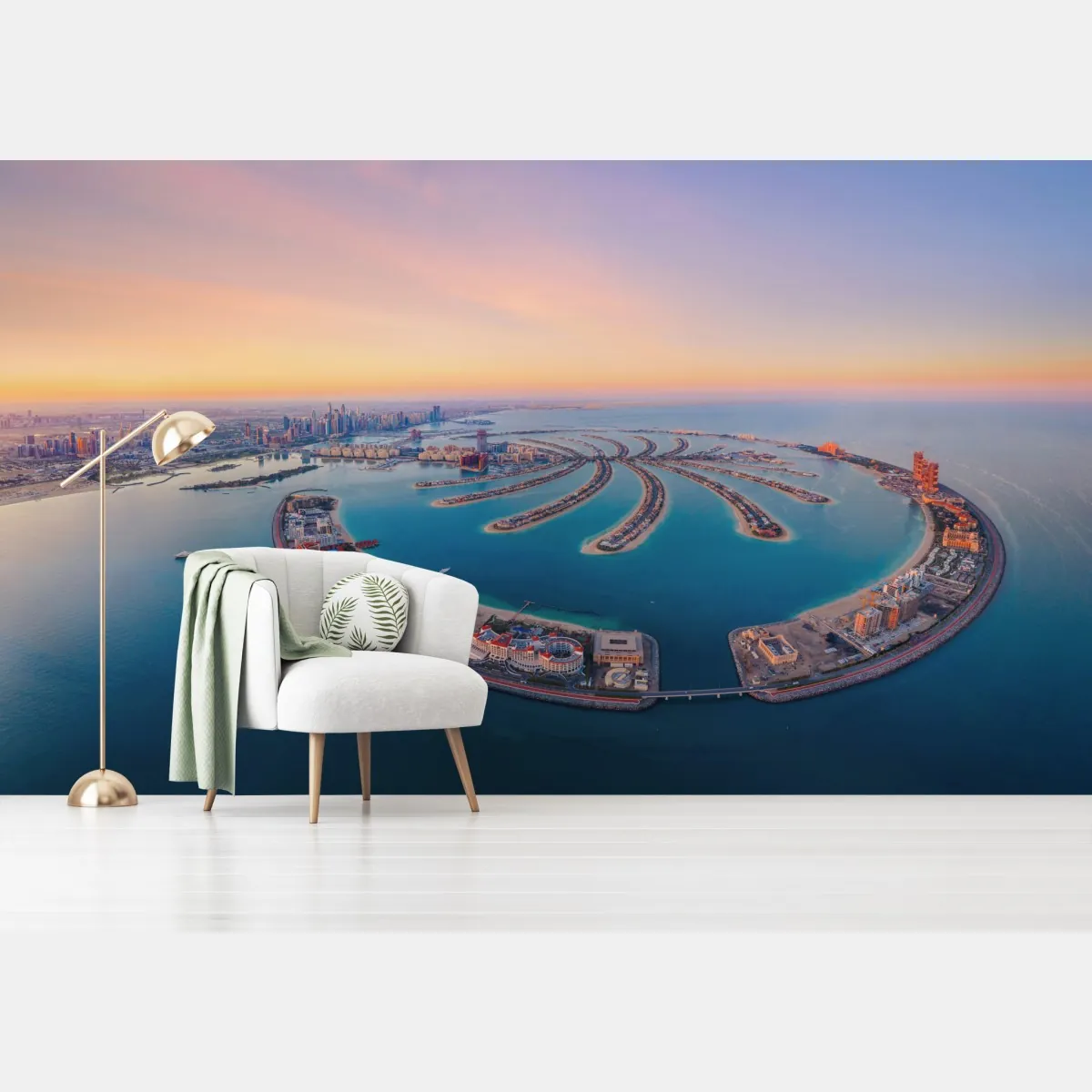 Fototapeta zachód słońca nad Palm Jumeirah widok z lotu ptaka – Wallissimo® Fototapeta zachód słońca nad Palm Jumeirah widok z lotu ptaka – Wallissimo®