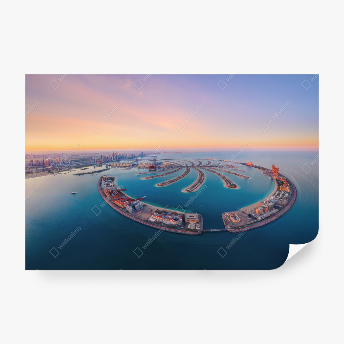 Fototapeta zachód słońca nad Palm Jumeirah widok z lotu ptaka – Wallissimo® Fototapeta zachód słońca nad Palm Jumeirah widok z lotu ptaka – Wallissimo®