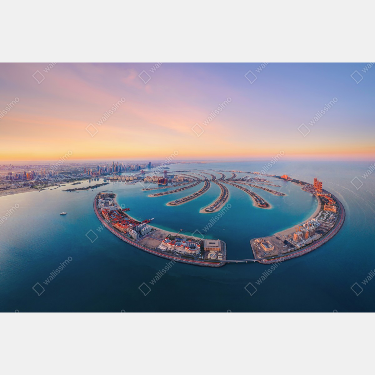Fototapeta zachód słońca nad Palm Jumeirah widok z lotu ptaka – Wallissimo® Fototapeta zachód słońca nad Palm Jumeirah widok z lotu ptaka – Wallissimo®