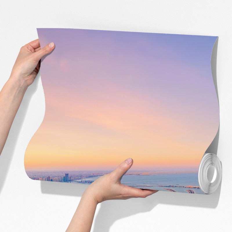 Fototapeta zachód słońca nad Palm Jumeirah widok z lotu ptaka – Wallissimo® Fototapeta zachód słońca nad Palm Jumeirah widok z lotu ptaka – Wallissimo®