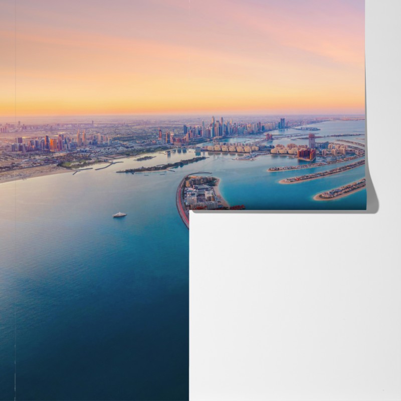 Fototapeta zachód słońca nad Palm Jumeirah widok z lotu ptaka – Wallissimo® Fototapeta zachód słońca nad Palm Jumeirah widok z lotu ptaka – Wallissimo®