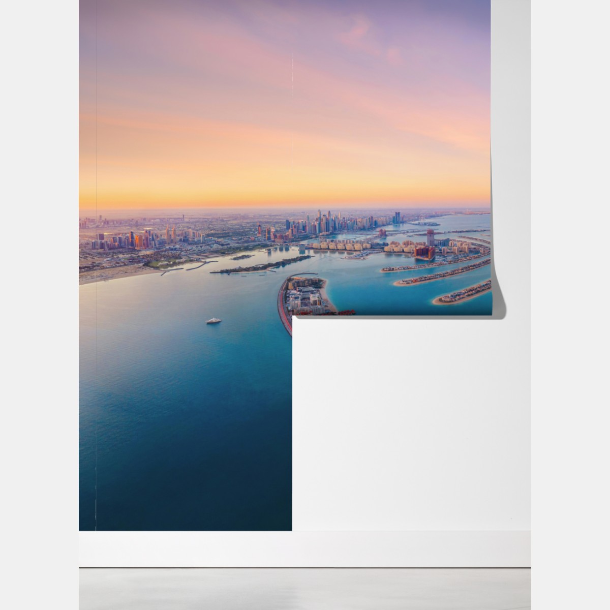 Fototapeta zachód słońca nad Palm Jumeirah widok z lotu ptaka – Wallissimo® Fototapeta zachód słońca nad Palm Jumeirah widok z lotu ptaka – Wallissimo®