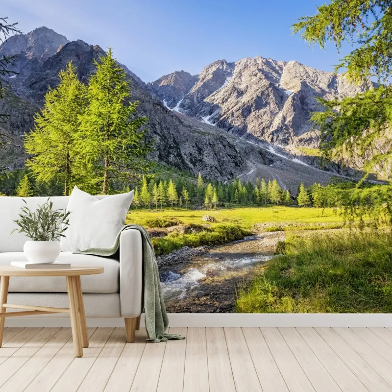 Fototapeta alpejska łąka z górskim strumieniem